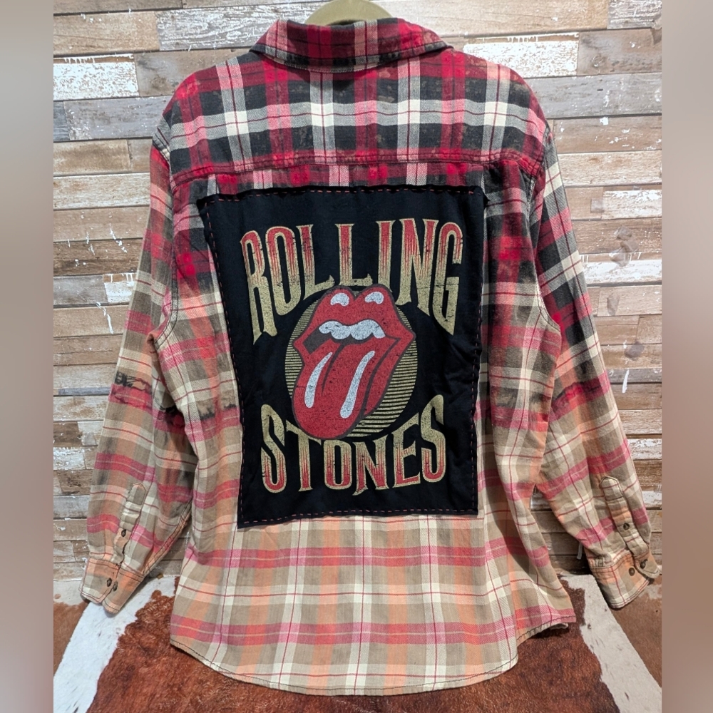 Rolling Stones Graphic Upcycled Dip Dye Bleached Flannel Shirt
